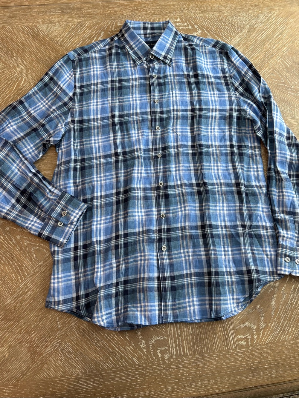 Scott Barber- Men's Blue Plaid Linen Button-Down